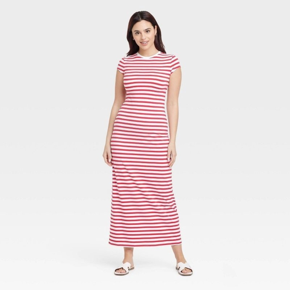 A New Day Red White Striped Maxi Dress XS Modal Blend Short Sleeve Column NWT